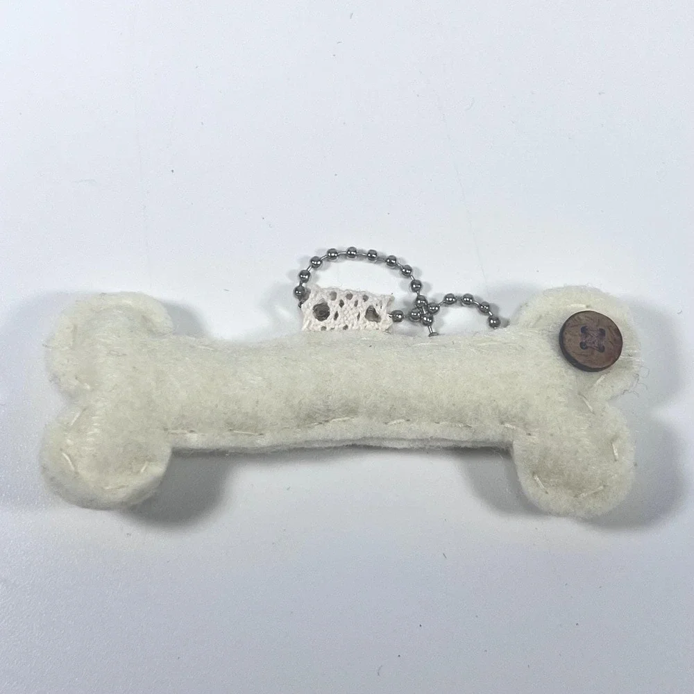 Handmade Felt Dog Bone Keychain‎ Cream Stitched Bag Charm Fob with Wood Button